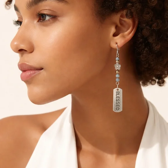 Elegant 'Blessed' Dangle Earrings With 925 Hypoallergenic Silver Hooks - Picture 2 of 5